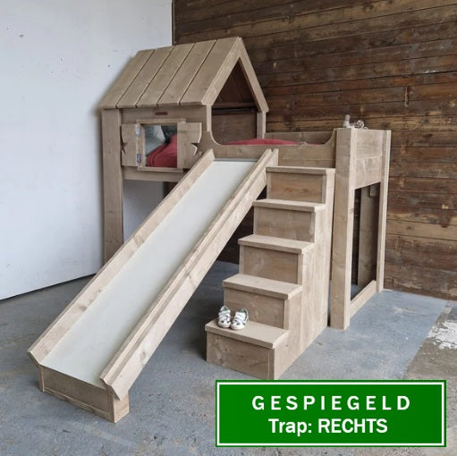 Steigerhouten huisjesbed met glijbaan Dennie