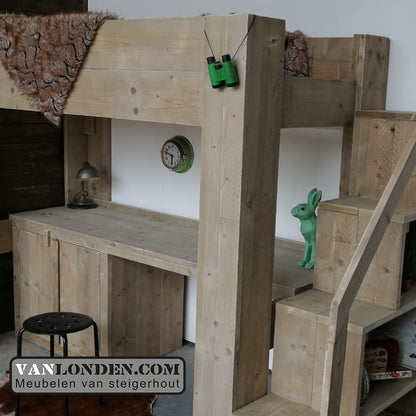 Steigerhouten hoogslaper met bureau Rowie