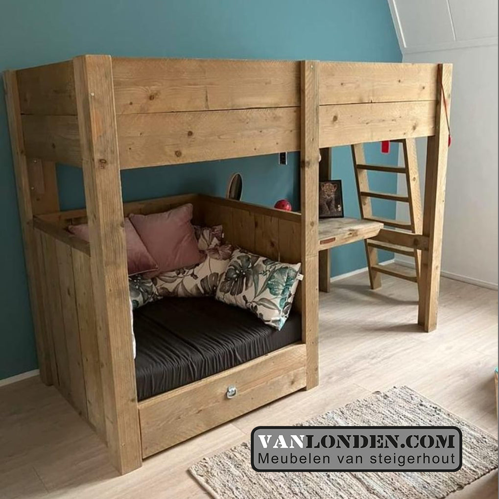 Steigerhouten hoogslaper met bureau Celine