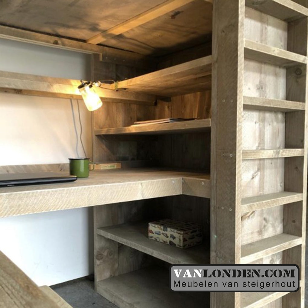 Steigerhouten hoogslaper met hoekbureau Mike