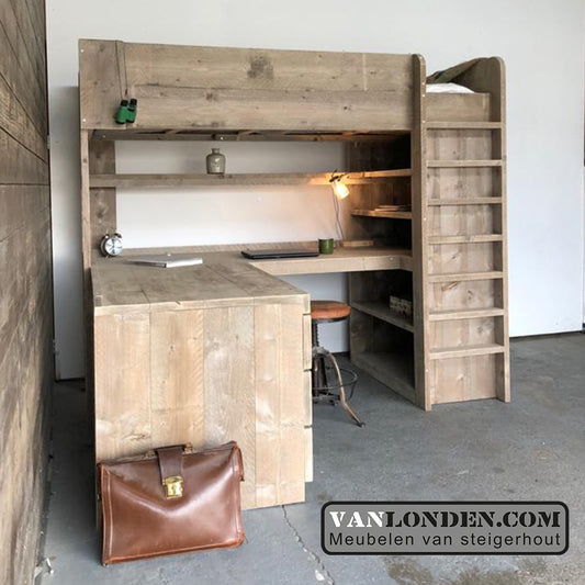 Steigerhouten hoogslaper met hoekbureau Mike