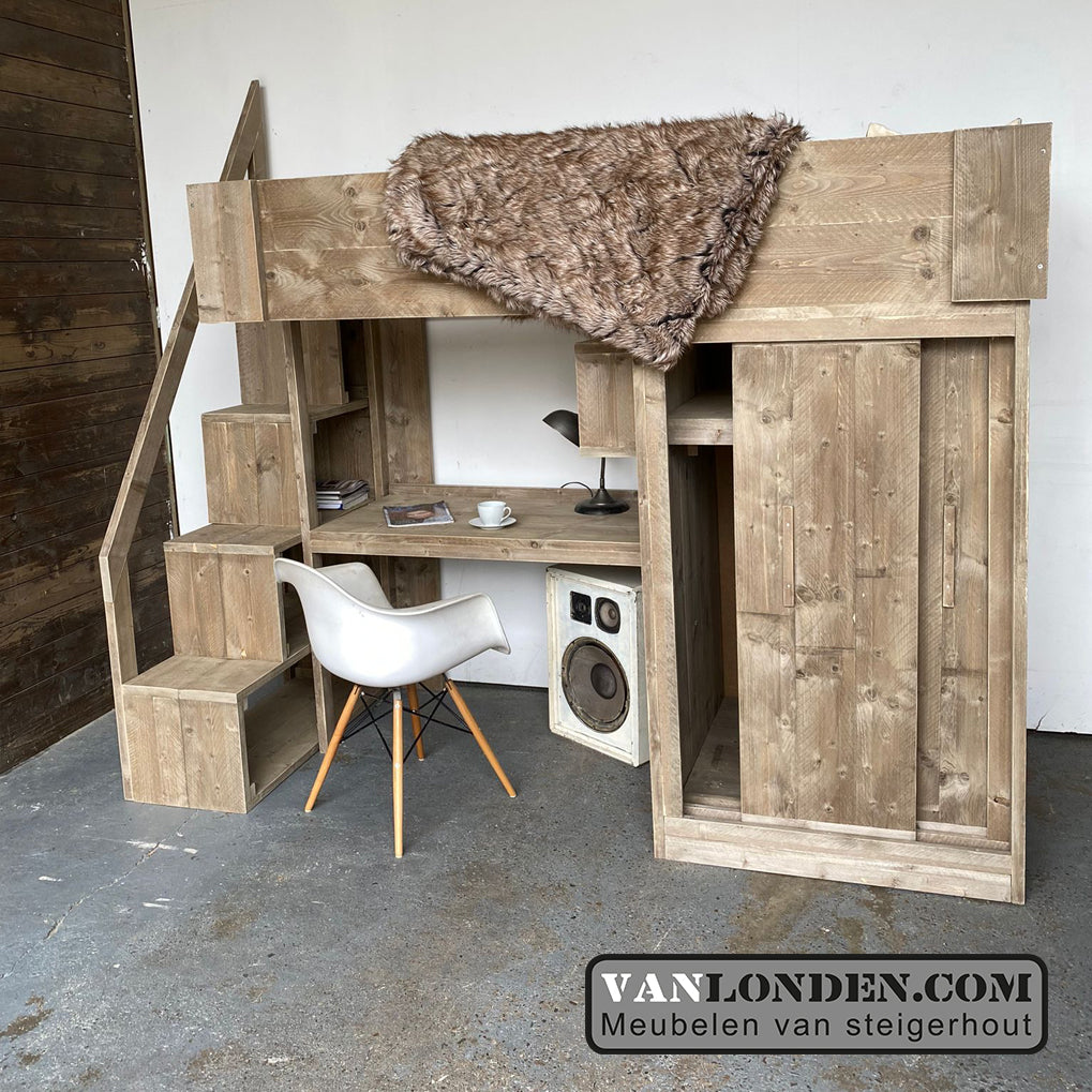 Steigerhouten hoogslaper met bureau en kast Babs