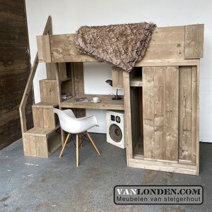 Steigerhouten hoogslaper met bureau en kast Babs