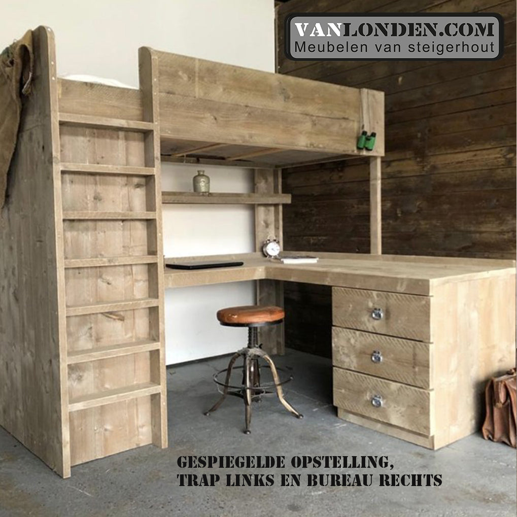 Steigerhouten hoogslaper met hoekbureau Mike