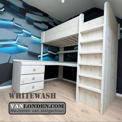 Steigerhouten hoogslaper met hoekbureau Mike