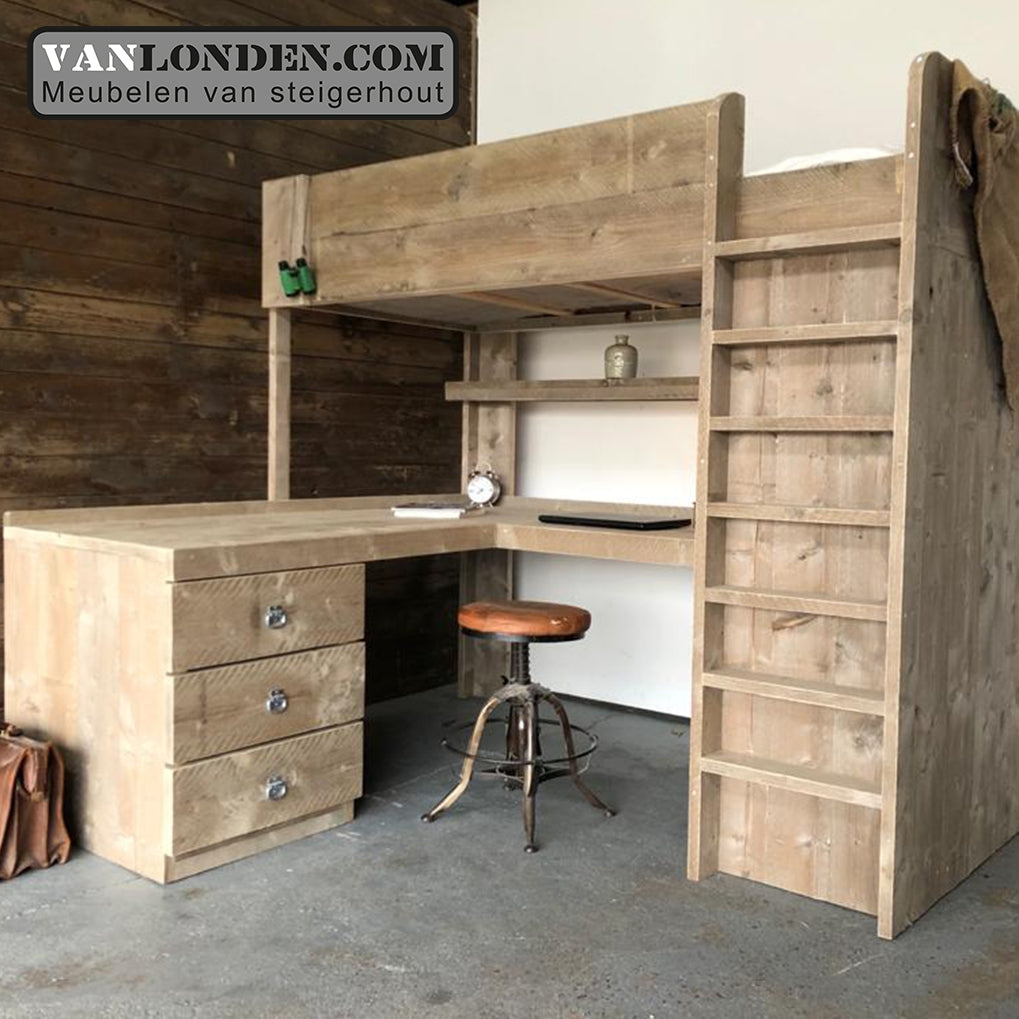 Steigerhouten hoogslaper met hoekbureau Mike