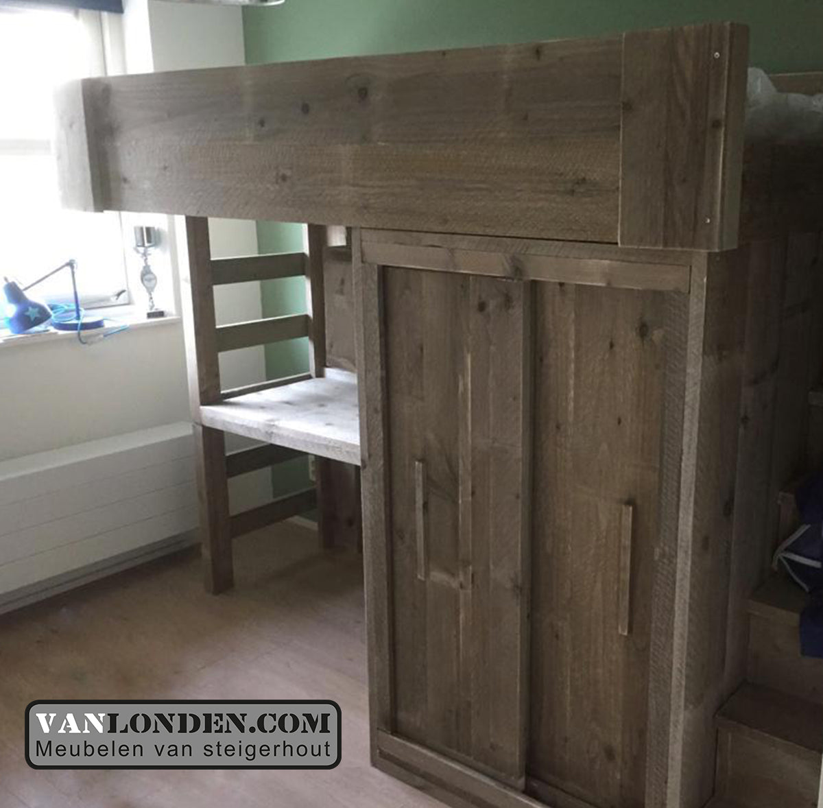 Steigerhouten hoogslaper met bureau Harry