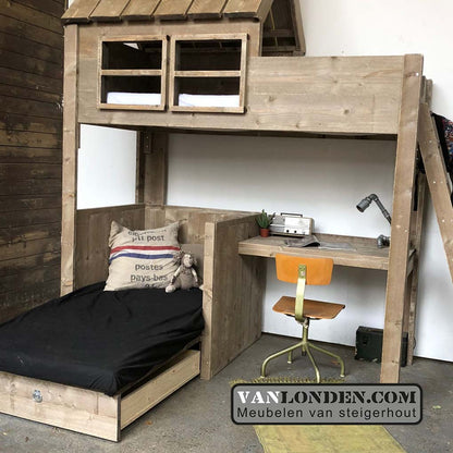 Steigerhouten huisjesbed met bureau Gideon