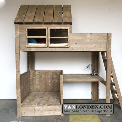 Steigerhouten huisjesbed met bureau Gonnie