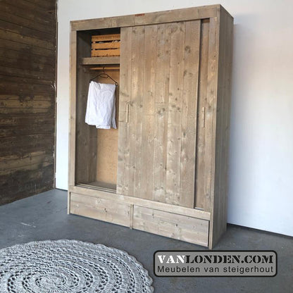 Steigerhouten kast met schuifdeuren en lades Toby