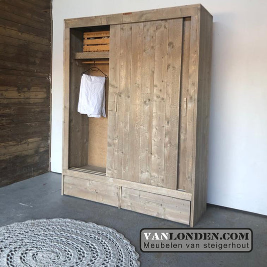 Steigerhouten kast met schuifdeuren en lades Toby