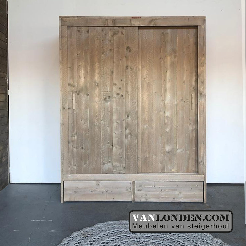 Steigerhouten kast met schuifdeuren en lades Toby