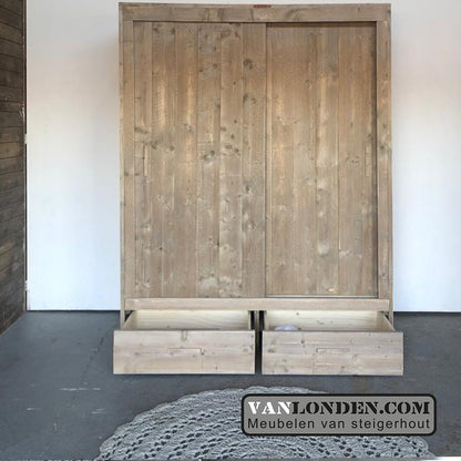 Steigerhouten kast met schuifdeuren en lades Toby