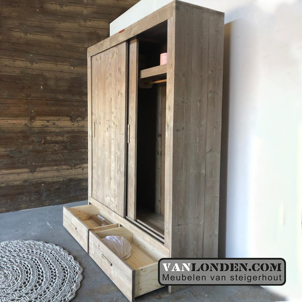 Steigerhouten kast met schuifdeuren en lades Toby