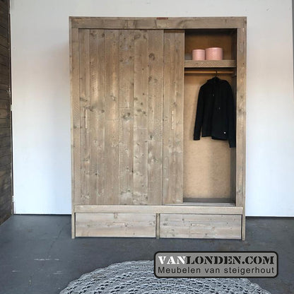 Steigerhouten kast met schuifdeuren en lades Toby