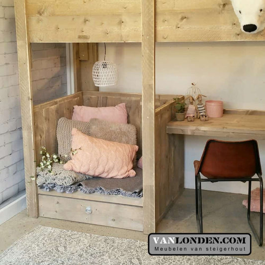 Steigerhouten hoogslaper met bureau Celine