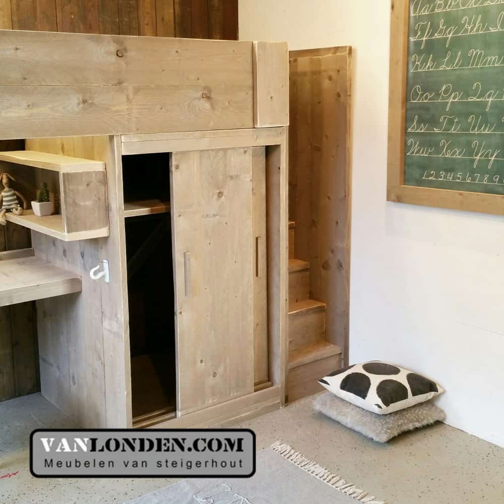 Steigerhouten hoogslaper met bureau Harry