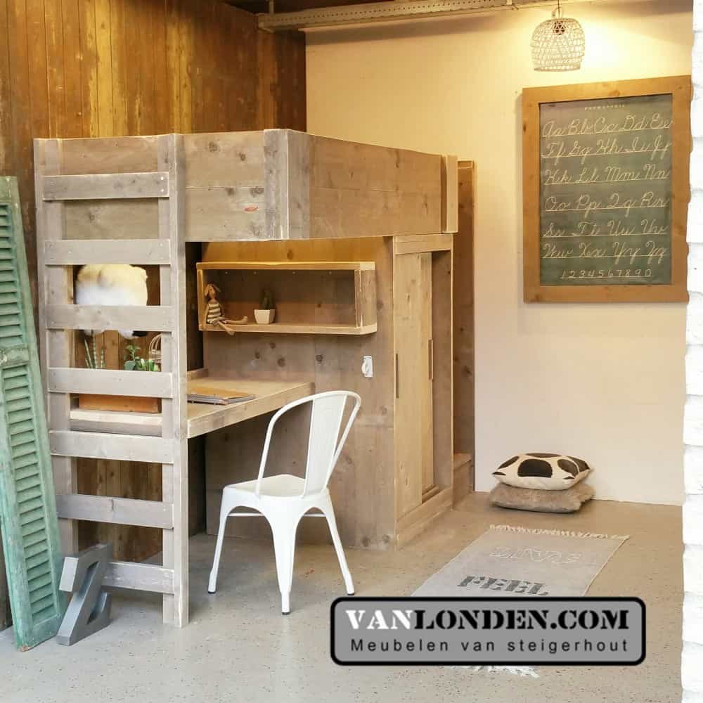 Steigerhouten hoogslaper met bureau Harry