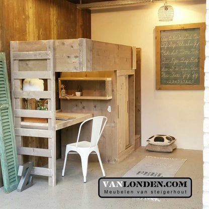 Steigerhouten hoogslaper met bureau Harry