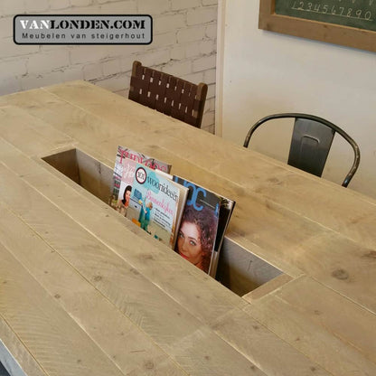 Steigerhouten leestafel met lectuurbak Lisa